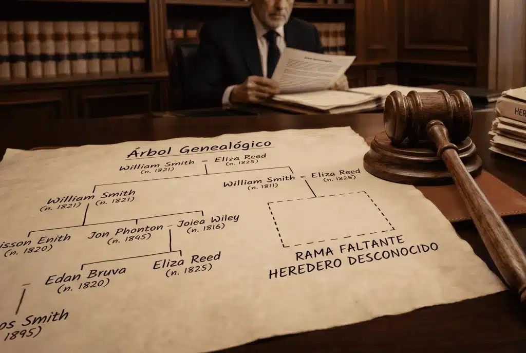 Representación de una herencia bloqueada por un heredero desaparecido con mazo de juez y documentos legales