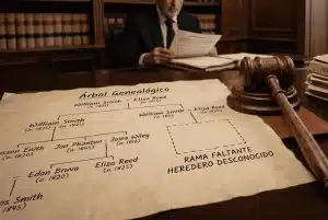 Representación de una herencia bloqueada por un heredero desaparecido con mazo de juez y documentos legales
