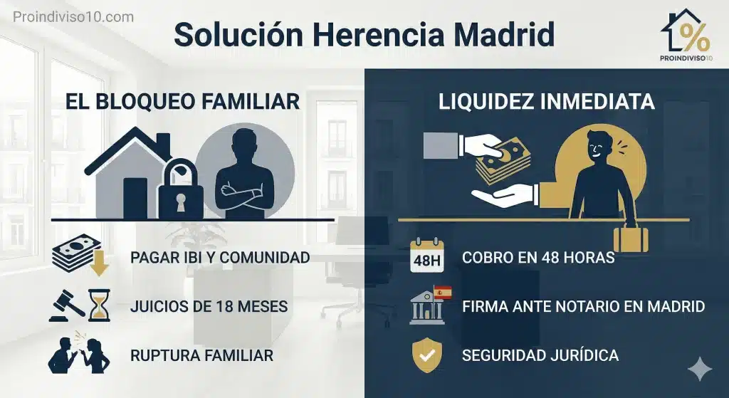 Infografía comparativa sobre cómo resolver el bloqueo de una herencia en Madrid cuando un hermano ocupa el piso: El camino judicial largo frente a la venta directa de la cuota a Proindiviso10.com en 48 horas.