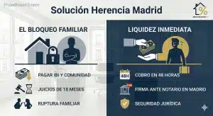 Infografía comparativa sobre cómo resolver el bloqueo de una herencia en Madrid cuando un hermano ocupa el piso: El camino judicial largo frente a la venta directa de la cuota a Proindiviso10.com en 48 horas.