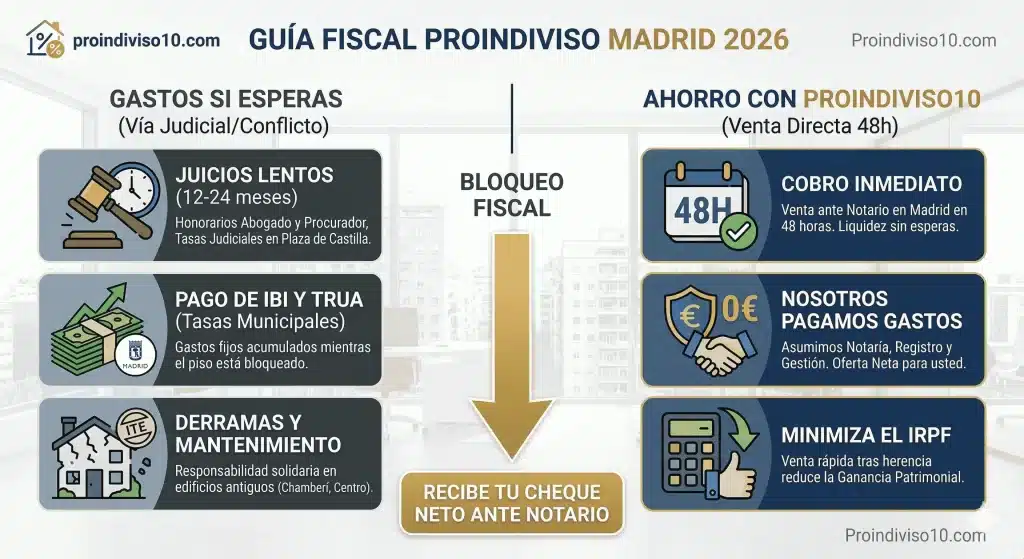 Infografía comparativa de la Guía Fiscal Proindiviso Madrid 2026: Diferencias de gastos entre la vía judicial en Plaza de Castilla y la venta directa a Proindiviso10.com
