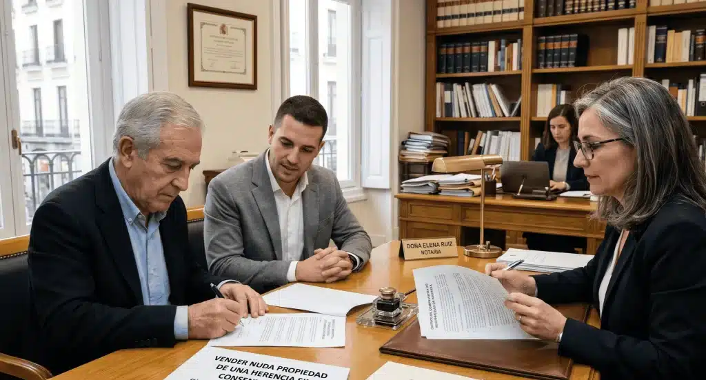 Reunión familiar con abogados analizando la documentación de una vivienda heredada en Madrid para la venta de su nuda propiedad