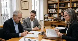 Reunión familiar con abogados analizando la documentación de una vivienda heredada en Madrid para la venta de su nuda propiedad
