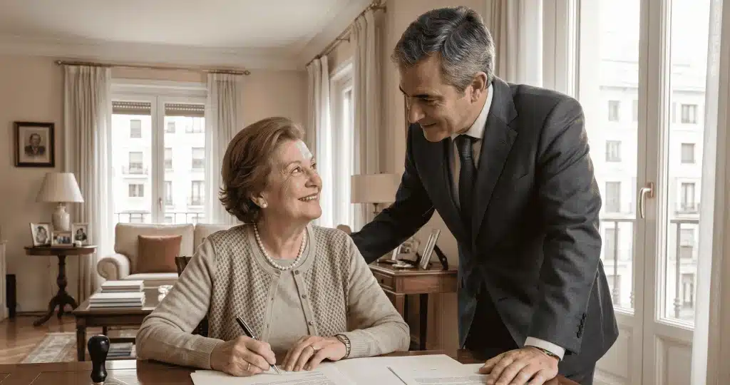 Persona mayor firmando con total seguridad jurídica las escrituras de usufructo vitalicio e inscripción registral ante Notario en Madrid