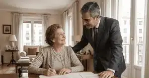 Persona mayor firmando con total seguridad jurídica las escrituras de usufructo vitalicio e inscripción registral ante Notario en Madrid